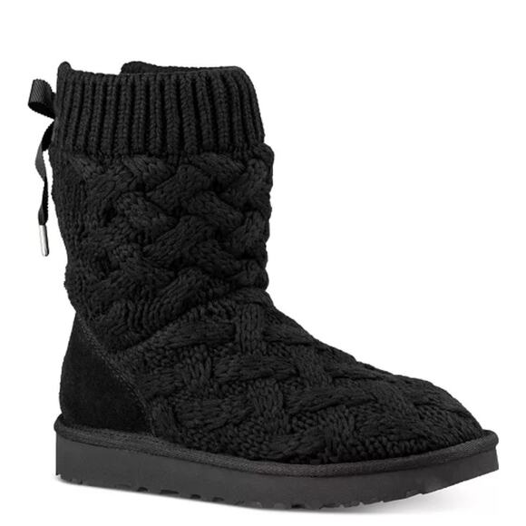 UGG Isla Cable Knit Black Mini Sweater Boots Knit  Lace Up Women's Size 7 - Picture 1 of 11